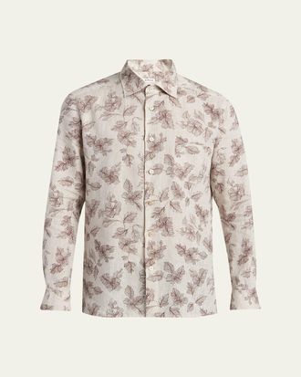 Kiton Mens Floral Linen Button-Down Shirt