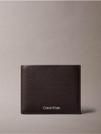 Calvin Klein Mens Pebble Grain Leather Bifold Wallet - Brown