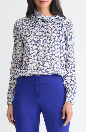 Kasper Tie Neck Long Sleeve Satin Top in Royal Blue/Vanilla Ice at Nordstrom, Size Medium