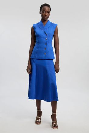 Karen Millen Womens Tailored Linen Button Front Full Midi Skirt - Blue Lyocell - Size 16 UK