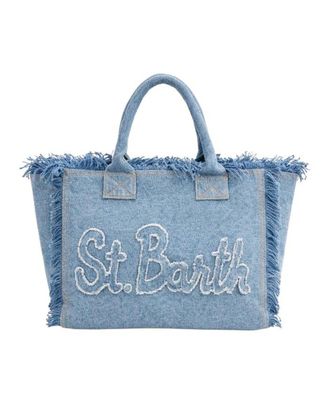 MC2 Saint Barth Light Denim Canvas Shopping Bag with Fringed Edges