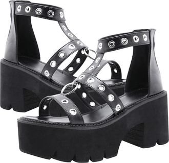 Vosarea Stylish Open-toe High-heeled Sandals Women Summer Thick-soled Metal Ring Hollow Roman Shoes Black Size 38 for Casual and Party Wear