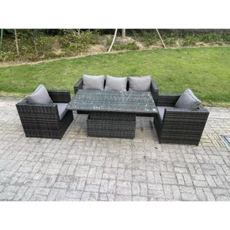 Fimous Fimous 5 Seater Wicker Rattan Garden Furniture Rising Table Sets Dark Grey Mix