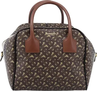 Burberry Tb Half Cube Duffle Monogram Embossed Leather Brown Canvas Handbag (Pre-Owned)