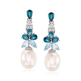 Ross-Simons 8.5-9mm Cultured Pearl and London, Sky Blue and White Topaz Drop Earrings in Sterling Silver