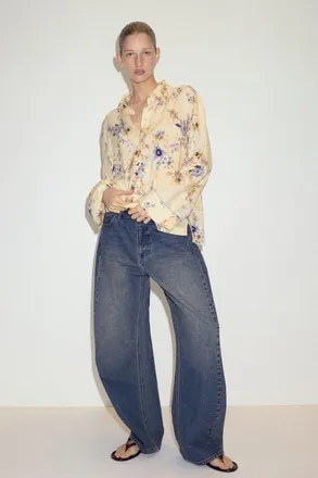 H&M Oversized Linen-blend Shirt in Light Yellow/Floral at Nordstrom, Size X-Small