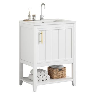 STILVORA Mueble Bajo Lavabo Con Estante Interior, De Suelo, En Mdf Y Cer&aacute;mica, Blanco, Para Cuarto De Ba&ntilde;o