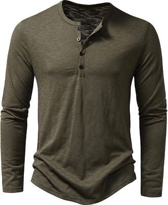 Generic Mens Long Sleeve Lightweight Henley Shirt for Men Collarless Shirts Loose Fit Button Patchwork Golf Regular Grandad Plain White T Mens (Army Green, M)