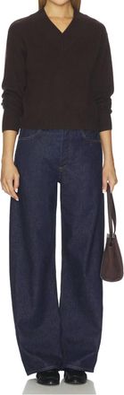 White + Warren Cashmere Wide Rib Trim V-Neck Top In Dark Umber