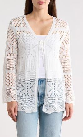 Forgotten Grace Tie Front Cotton Open Stitch Cardigan in White at Nordstrom Rack, Size X-Large