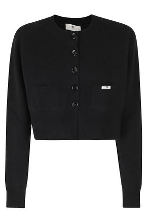 Elisabetta Franchi Black Tricot Cropped Wool-Blend Cardigan