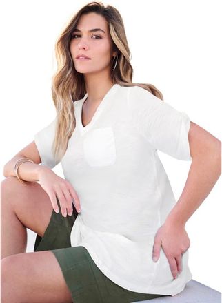 Roaman's Plus Size Slub V Neck Boyfriend Tunic Top in White at Nordstrom, Size Medium