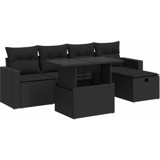 vidaXL Set De Sof&aacute;s De Jard&iacute;n 6 Piezas Y Cojines Rat&aacute;n Sint&eacute;tico Negro