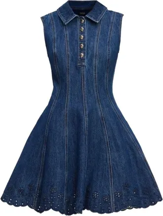 Self Portrait Short Dresses, female, Blue, Size: XS Denim Broderie Mini Dress