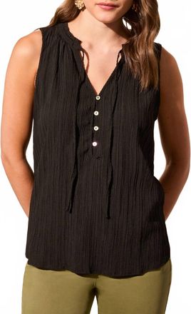 Tribal Sleeveless Blouse With Button Placket In Black