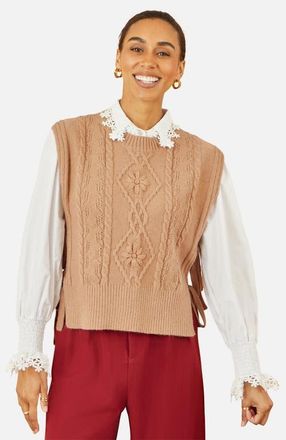 Yumi Floral Cable Knit Side Tie Pullover in Camel at Nordstrom, Size Medium