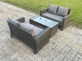 Fimous 3 Pieces Garden Furniture Sets Poly Rattan Outdoor Patio Furniture PE Wicker Furniture Set with Loveseat & Table in Dark Grey