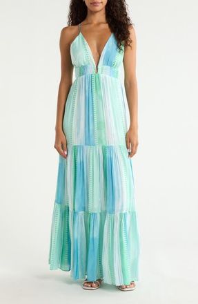 Elan Print Tiered Halter Maxi Dress in Blue Strovia at Nordstrom, Size X-Small