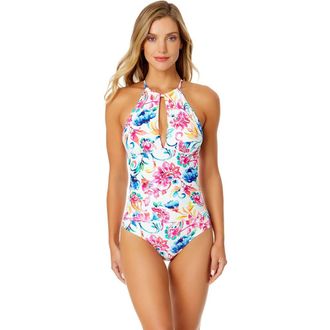 Anne Cole Womens Gradient Floral High Neck With Ruffled Straps One Piece Swimsuit in Watercolor Paisley at Nordstrom, Size 16