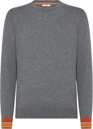 Sun 68 Grijze Sweater met Iconische Details - Heren - Ronde hals truien - Grijs - 2XL - Katoen - Truien & Vesten