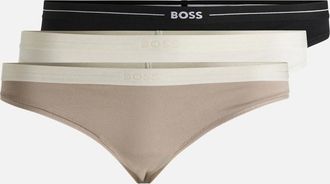 HUGO BOSS Womens 3-Pack Power Logo Waistband Thongs, Black/Ecru/Beige - Tan - Size: 12