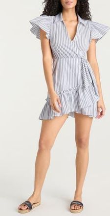 Cinq &agrave; Sept Lila Stripe Asymmetric Ruffle Minidress in White/Navy at Nordstrom Rack, Size 00