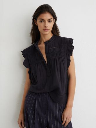 Reiss Navy Cotton Cheesecloth Sleeveless Top, 16