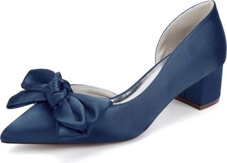 Generic Womens Satin Bridal Wedding Pumps Pointed Toe Block Heel Bridal Low Heels Style Bow Bridesmaid Shoes 4.5Cm,Dark Blue,10 UK