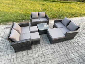 Fimous Outdoor Lounge Sofa Set Wicker PE Rattan Garden Furniture Set with Square Coffee Table Double Seat Sofa 3 Footstools in Dark Grey