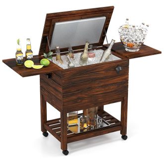 Costway Costway Rolling Wooden Patio Cooler Cart 51L Outdoor Ice Chest Cooler Cart in Brown