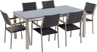 Beliani Conjunto De Comedor De Jard&iacute;n Negro Con Mesa 180 X 90 Cm De Vidrio Negro 6 Sillas De Rat&aacute;n Grosseto