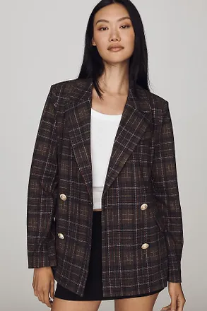 Avec Les Filles Double-Breasted Knit Plaid Blazer Jacket