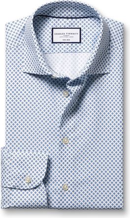 CHARLES TYRWHITT Non-Iron Stretch Diamond Print Cotton Shirt - Denim Blue Single Cuff Size 15.5/33 by Charles Tyrwhitt