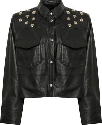 Gestuz Zwarte leren overhemdblouse met studs - Dames - Leren en Su&egrave;de Jassen - Zwart - XL - Jassen
