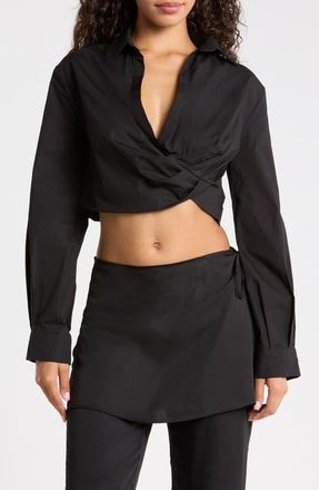 House of CB Ivara Drape Waist Long Sleeve Stretch Cotton Top in Black at Nordstrom, Size X-Large