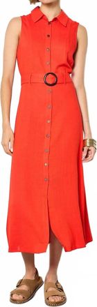 Apricot Sleeveless Belted Shirt Midi Dress In Red