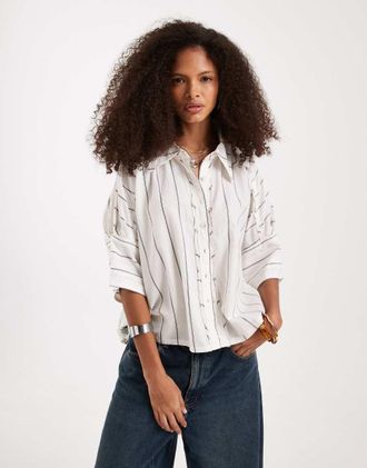 Free People Seaside - Camicia in cotone a righe color avorio-Multicolore