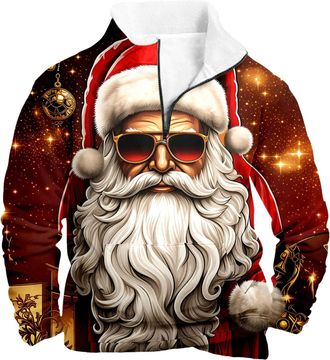 Generic 1/4 Zip Christmas Sweatshirt for Men Xmas Tree Pullover Ugly Christmas Jumper Long Sleeve Sweater Fleece Stand Collar Sweatshirts Reindeer Snowflakes 