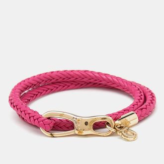 Ferragamo Pink Braided Leather Gold Tone Wrap Bracelet