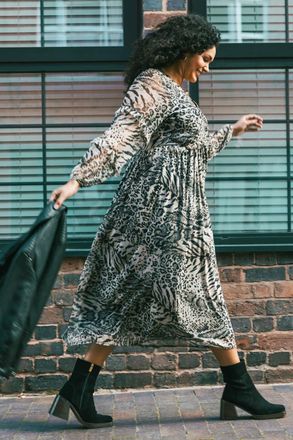 Roman Animal Print Frill Midi Dress