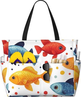 Generic Colorful Fish Print Large Beach Bag Foldable Travel Shoulder Tote Bag With Pocket For Weekender Pool Vacation