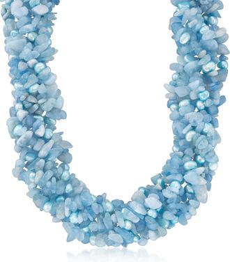 Ross-Simons 5-6mm Blue Cultured Pearl and Milky Aquamarine Torsade Necklace With Sterling Silver