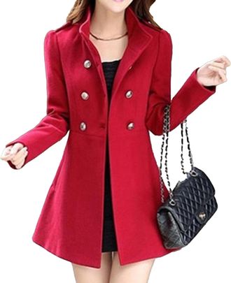 Generic Womens Stand Collar Double Breasted Wool Trench Coat Mid-Long Pea Coats Fall Winter Warm Dresses Overcoat, Red, M