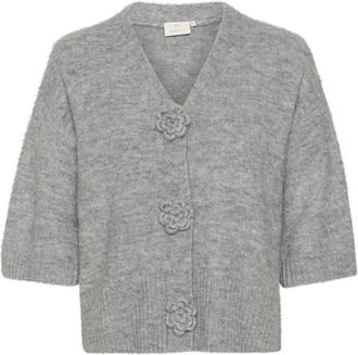 Kaffe Grijze Melange Cardigan met Bloemen - Dames - Vesten - Grijs - XL - Polyester - Truien & Vesten