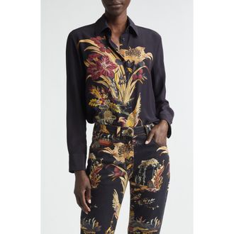 Etro Floral Silk Button-Up Shirt in Black at Nordstrom, Size 42