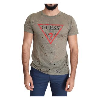 Guess T-Shirts, male, Brown, Size: XL Brown Cotton Casual T-Shirt