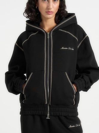 Mani&egrave;re De Voir Ollie Unisex Whipstitch Raglan Effect Zip Hoodie in Black at Nordstrom, Size Xx-Small