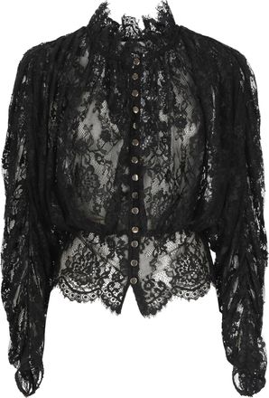 Self Portrait Delicate Black Lace Shirt With High Collar And Gold Accents