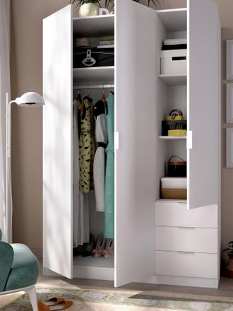 Dmora Guardarropa Dnespol, Armario Dormitorio Con 3 Puertas Y 3 Cajones, Mueble Con 3 Baldas Y Barra Perchero, 121x52h180 Cm, Blanco - Dmora