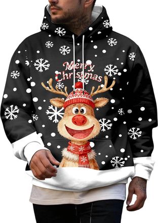 Generic Mens Christmas Hoodie Sweatshirt Funny Christmas Jumpers Mens Christmas Print Hooded Long Sleeve Hoodie Top Santa Festive Sweatshirt Xmas Party Hooded
